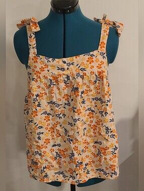 Sonoma Linen Rayon Peach Blue Floral Boho Festival Tie Strap Flowy Top, Medium